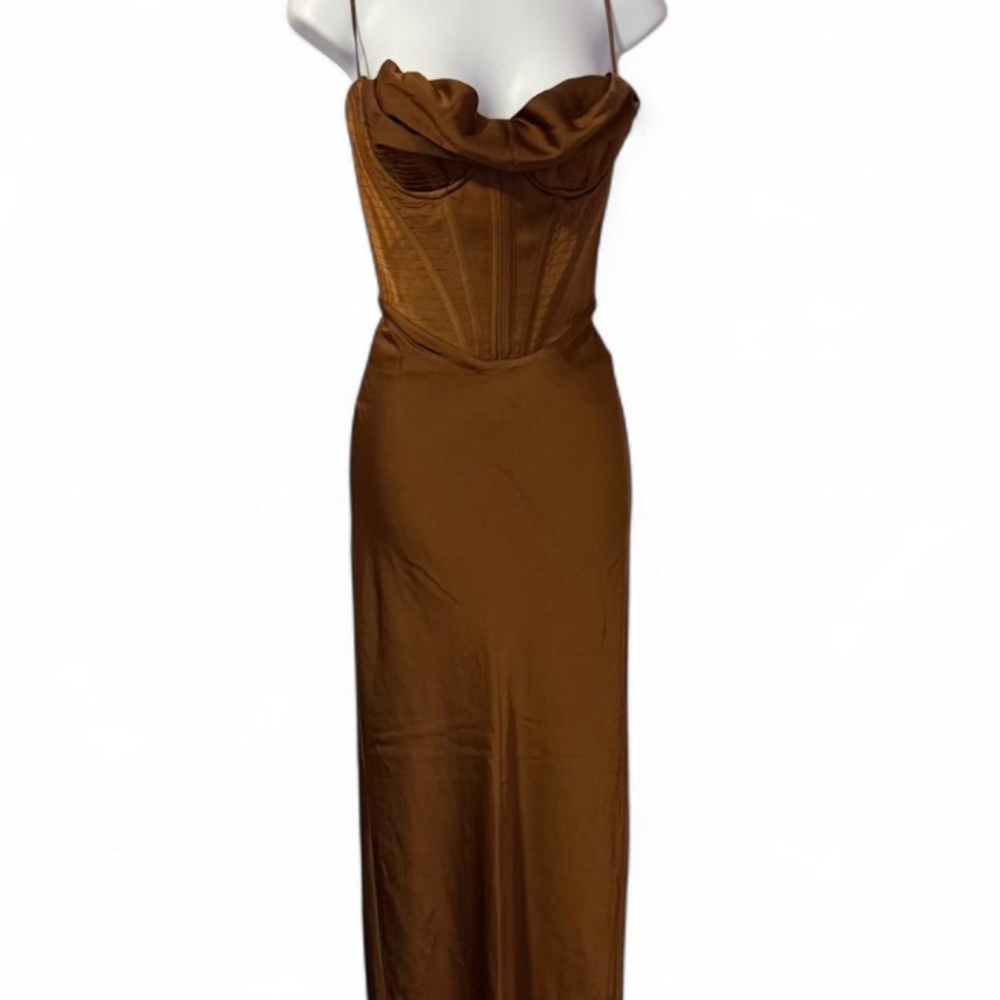 House of CB Brown Satin Maxi Dress with Corset Bodice